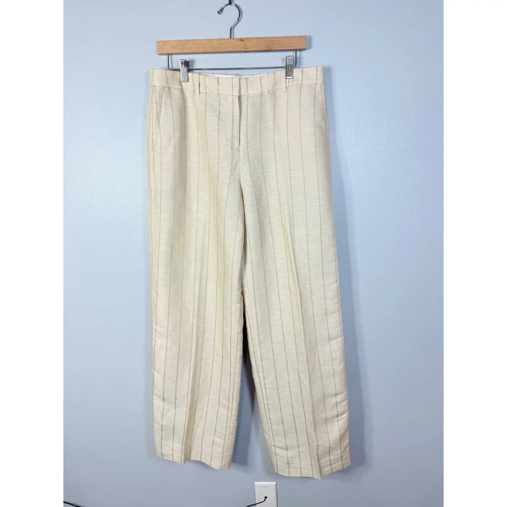 J.Crew Wide-leg‎ trouser in striped linen blend Size 10 Beige Blue Stripe NWT
